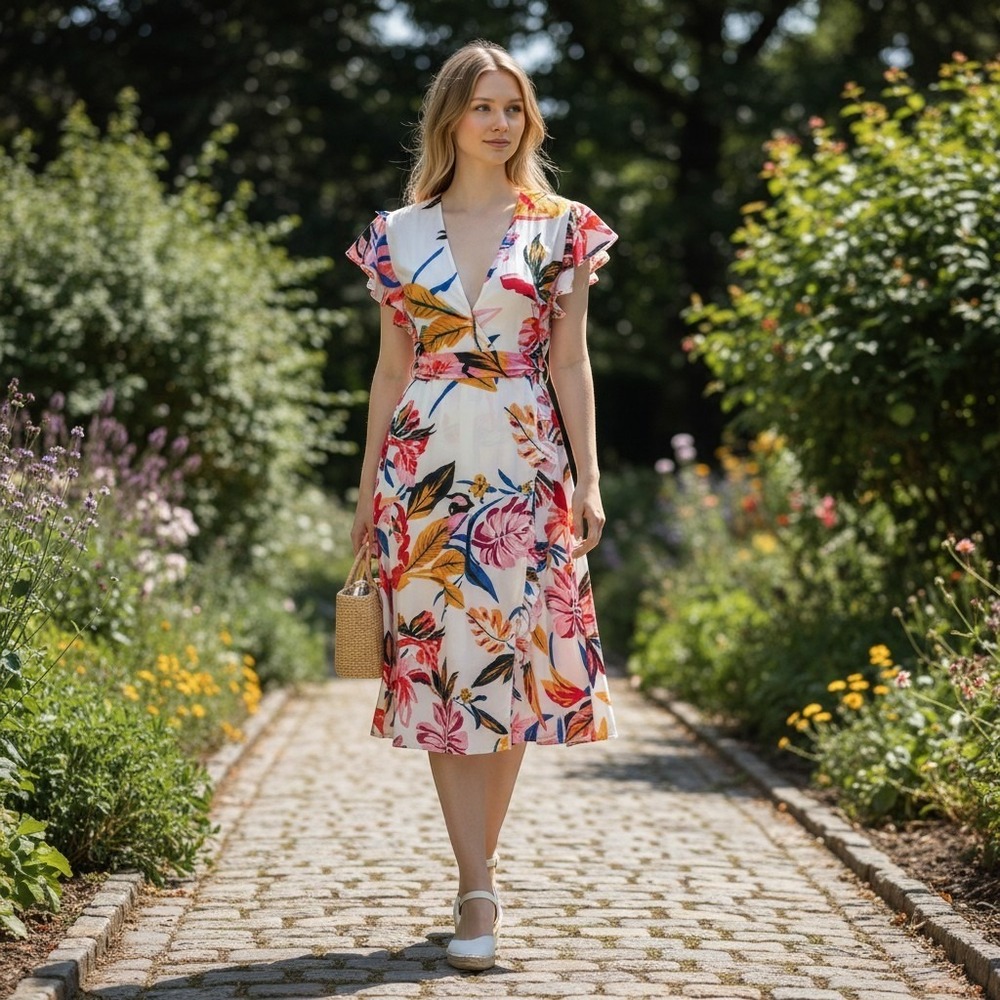 Garrie B Maxi Dress SZ XS White Tropical Floral Excellent Flutter Sleeve V-Neck